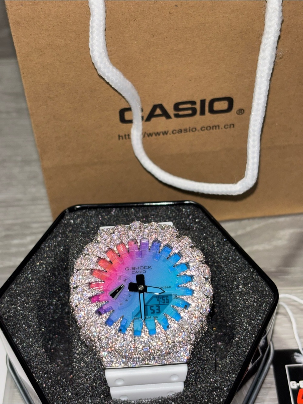 Custom G-Shock GA2100 White Rainbow Dial VVS Moissanite Watch
